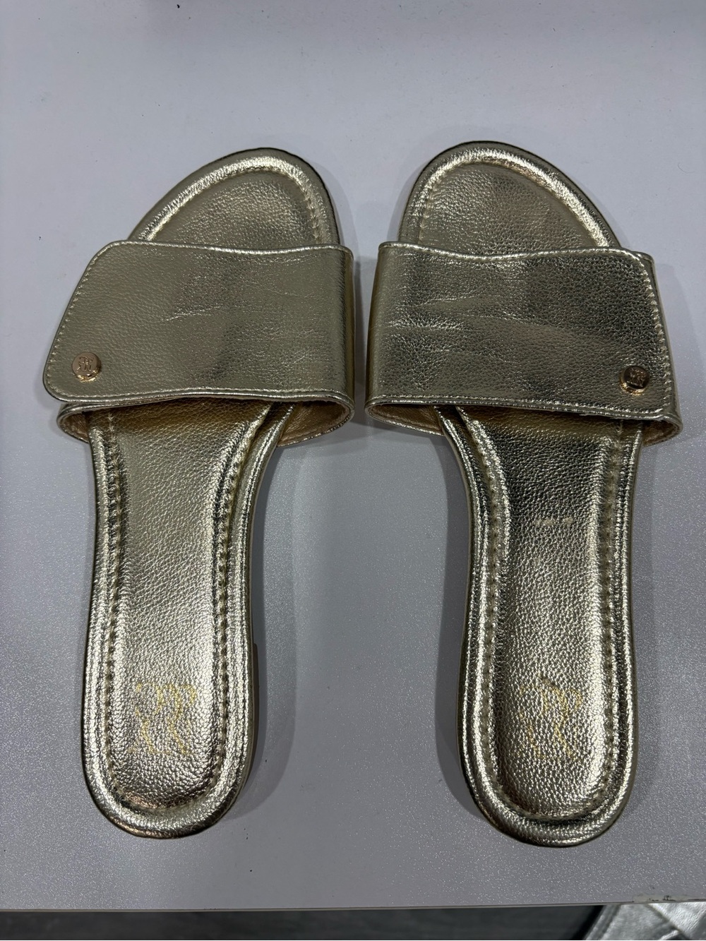 New York & Company Metallic Gold Slide Sandals